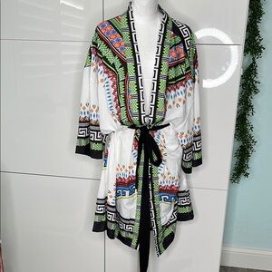 White Printed Kimono Robe with Green & Black Trim